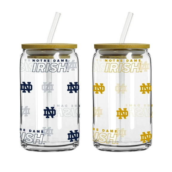 Logo Brands Notre Dame Fighting Irish 16oz. Step And Repeat Glass Can with Lid & Straw 2-Pack