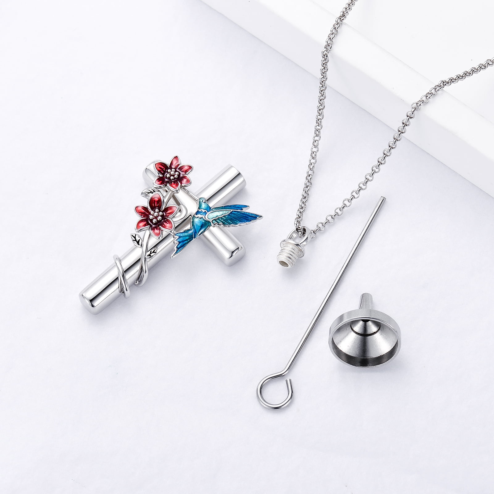 CACA LADY Hummingbird Cross Urn Necklace for Ashes 925 Sterling Silver Cremation Jewelry with Funnel