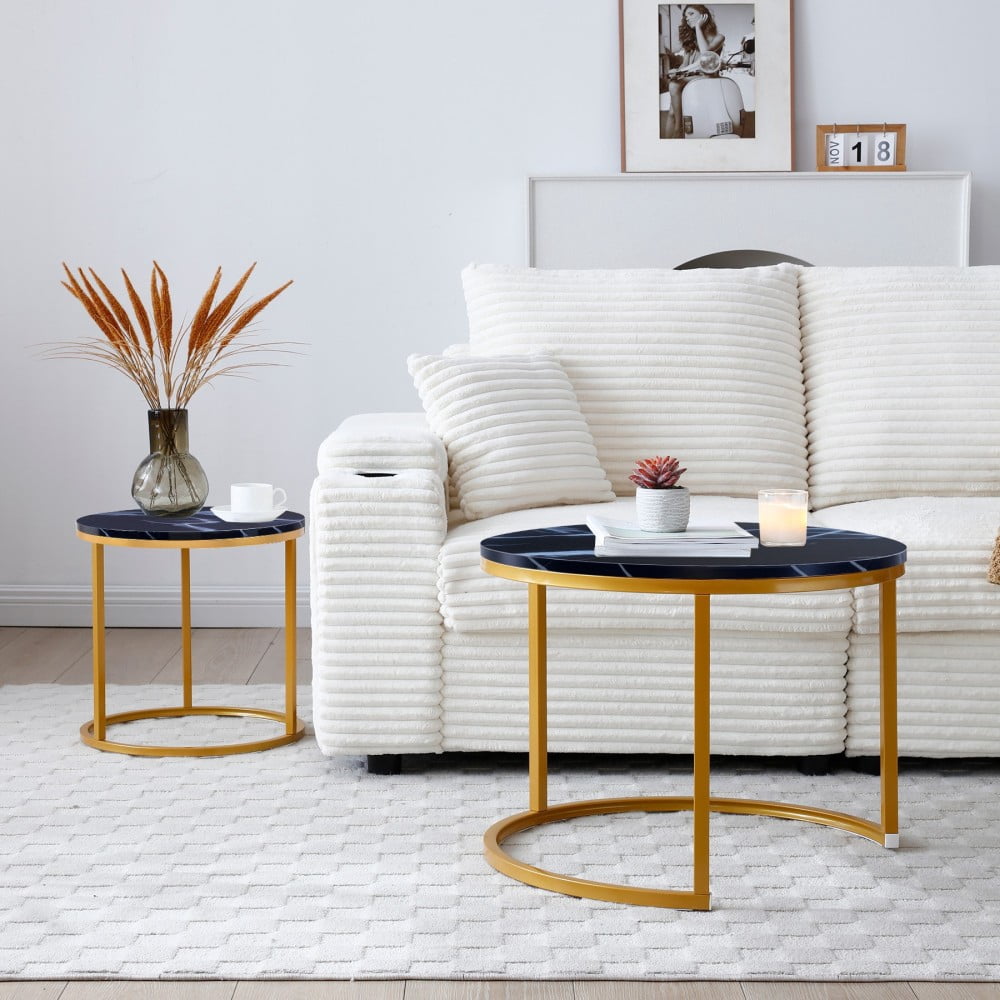 Set of 2 Nesting Coffee Tables, Black Round Marble-Look Wood Top with Gold Metal Frame, Modern Industrial Side Tables, End Tables for Living Room, Bedroom