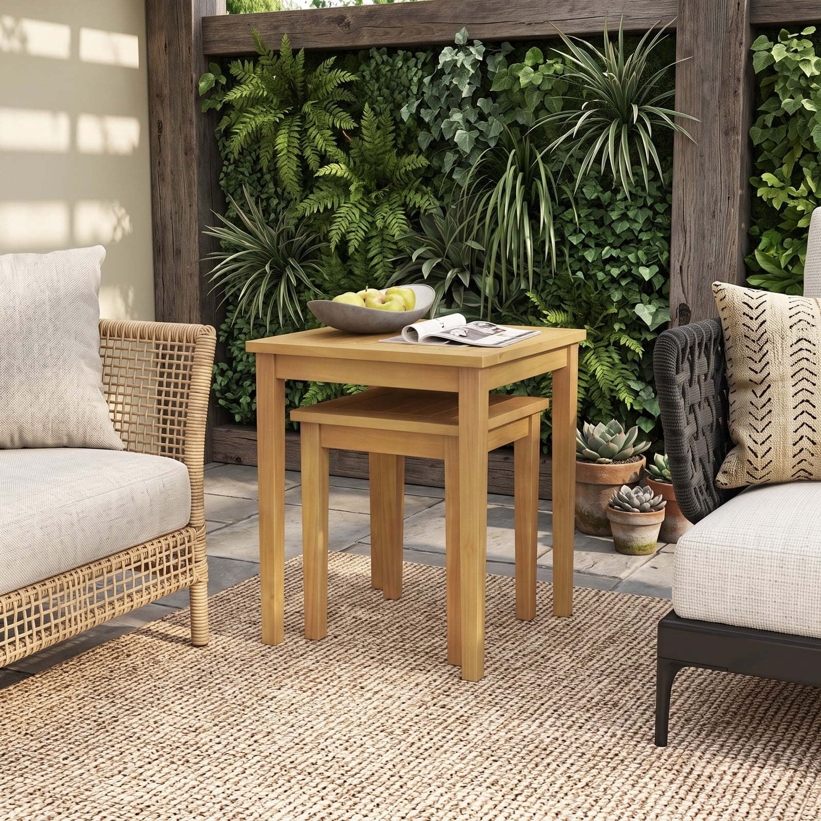 Furnibear Set of 2 Teak Wood Outdoor Patio Nesting Side Tables Space Saving End Tables for Backyard and Poolside, Natural