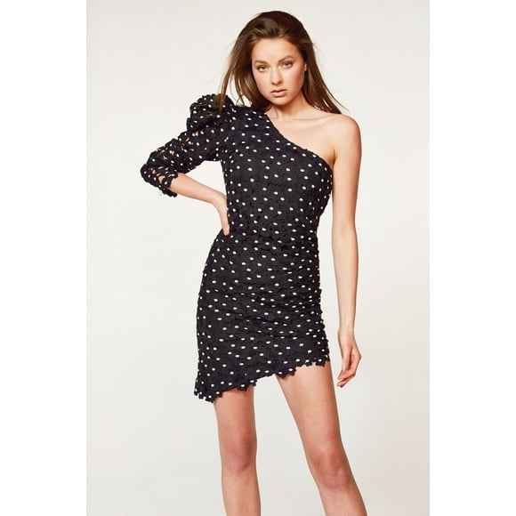 Bardot Effie Lace Polka Dot One Shoulder Dress Black Size 10 L Fits Larger $175