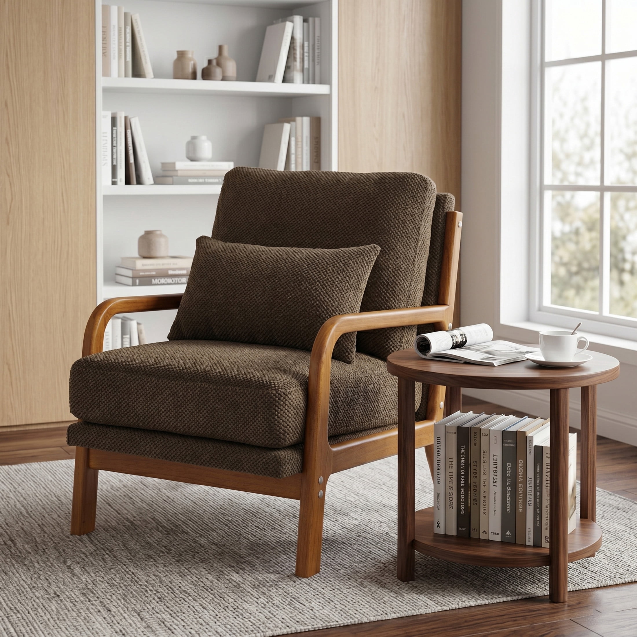 Noble House Mid-Century Modern Lounge Chair, Upholstered Accent Armchair with Solid Wood Frame, Coffee