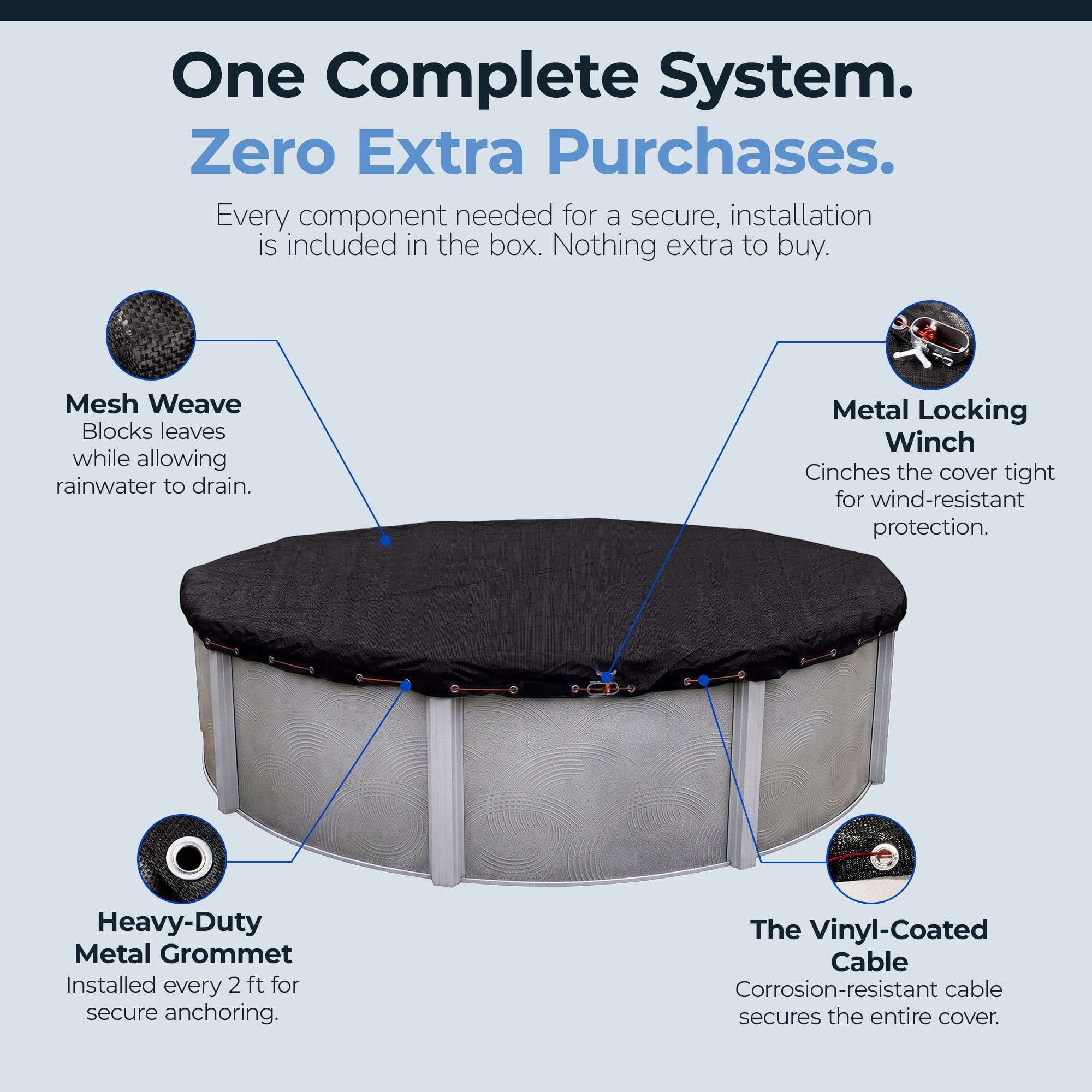 Blue Wave Arctic Armor 18-ft Round Rugged Mesh Pool Cover for Winter, Above Ground, Fine Mesh Debris Barrier, 4-ft Overlap, Metal Grommets, Vinyl-Coated Cable, Metal Winch, Black