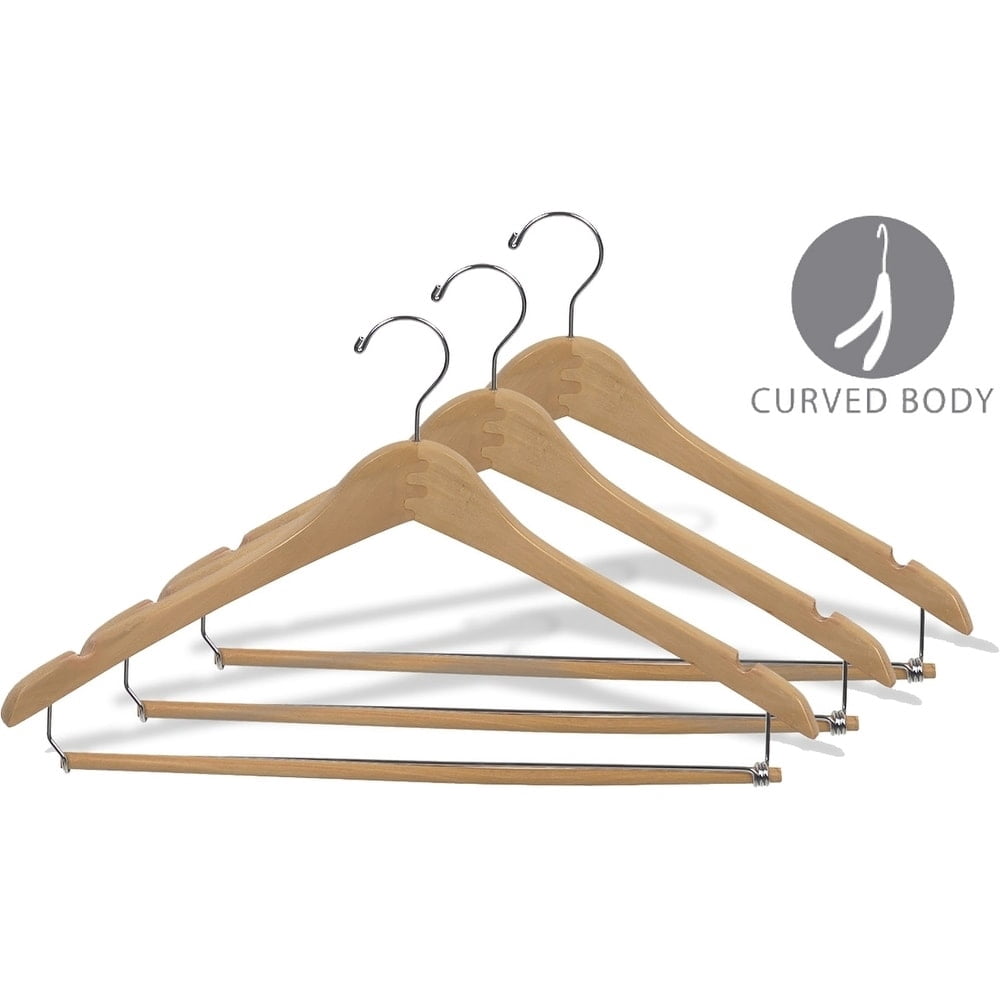Curved Wood Suit Hanger w/ Locking Bar, Box of 100 17 Inch Hangers w/ Natural Finish & Chrome Swivel Hook & Notches for Shirt Dress or Pants by International Hanger