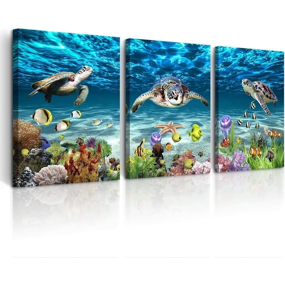 Canvas Wall Art For Living Room Wall Decorations For Bedroom Modern Bathroom Wall Decor Blue Ocean Wall Painting Sea Turtle Wall Pictures Artwork Office Room Home Decor 12" X 16" 3 Piece