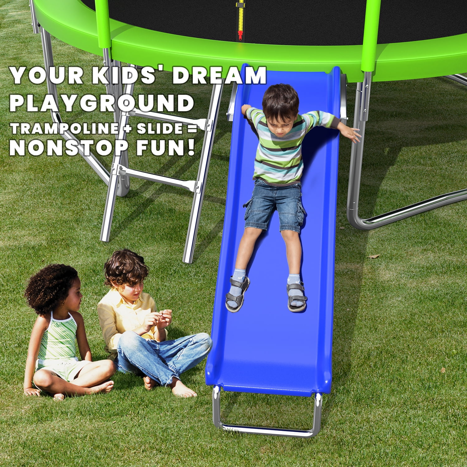 Mersco 12FT Heavy Duty Trampoline with Enclosure Net , Slide Outdoor Big Trampoline for Backyard,Kids Trampoline with Basketball Hoop,Birthday and  Holiday Gifts for Kids,Green