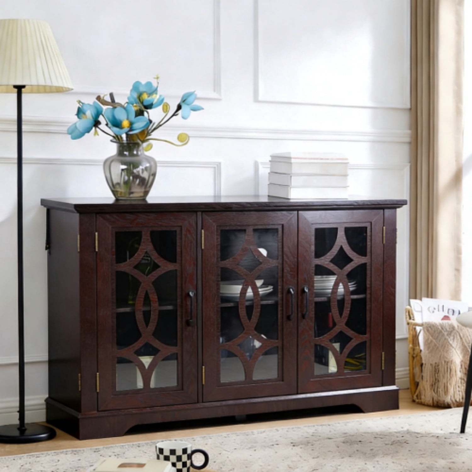 48.66" 3-Door Glass Sideboard Buffet Cabinet, MDF Storage Credenza with Adjustable Shelf, Tempered Glass Display Cabinet for Dining Room Kitchen Living Room, Ox Blood Red