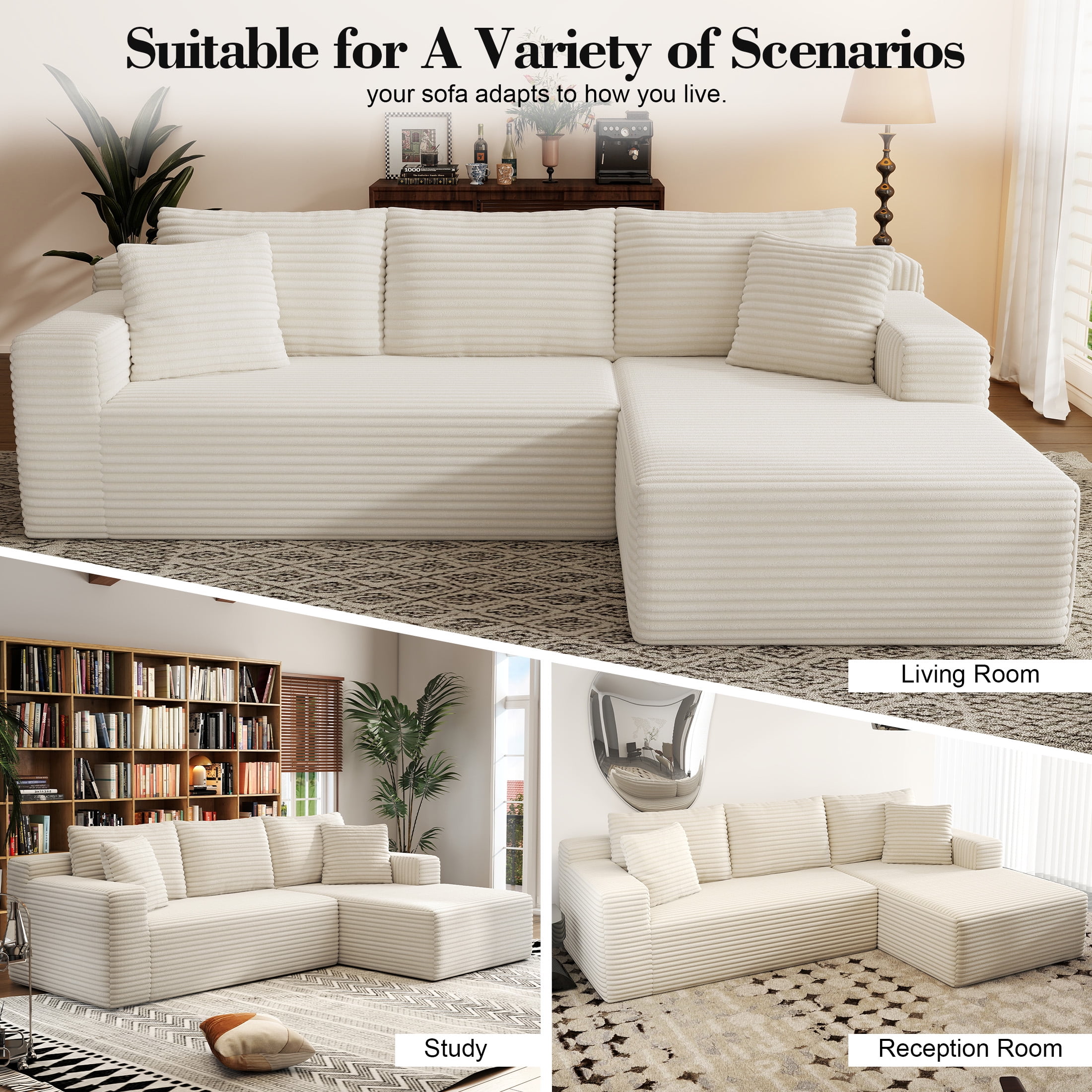AENKYO Modular Sectional Couch with L-Shape Chaise — Modern Living Room Sofa, White, Right-Facing, No Assembly