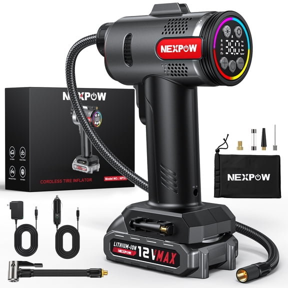 NEXPOW 160PSI Cordless Tire Inflator, Portable Air Pump for Car Tires, Dual Power Air Compressor with 12V DC Adapter, Auto Shutoff, Digital Pressure Gauge, LED Light for Car/Bike/Ball