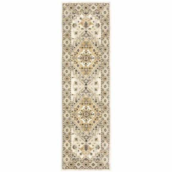 2' X 8' Beige Grey Tan And Brown Oriental Power Loom Stain Resistant Runner Rug