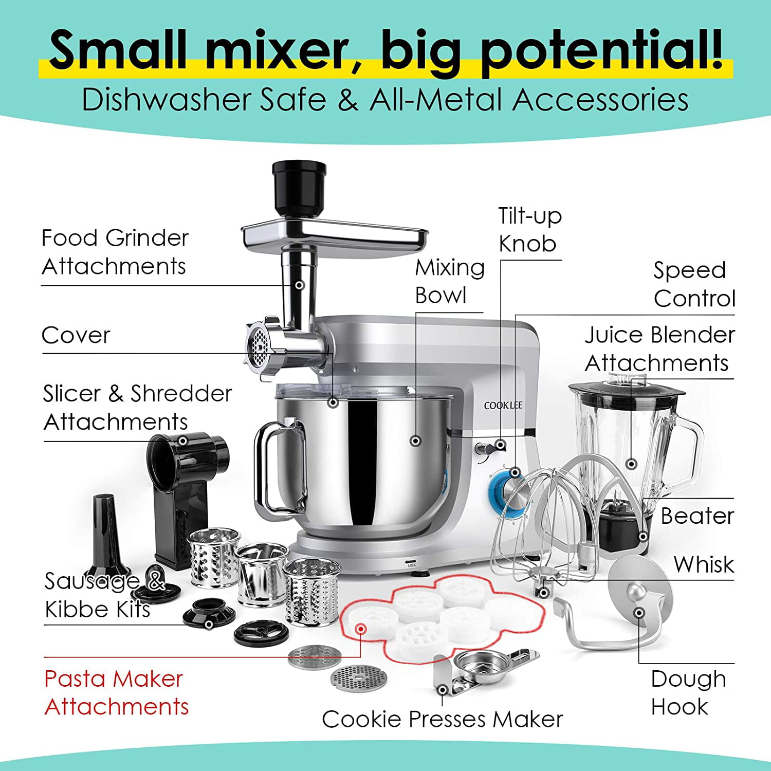 8.5 Qt SM-1507BM Multifunctional Electric Kitchen Mixer with 9 Accessories for Most Home Cooks COOKLEE 6-IN-1 Stand Mixer Silvery 