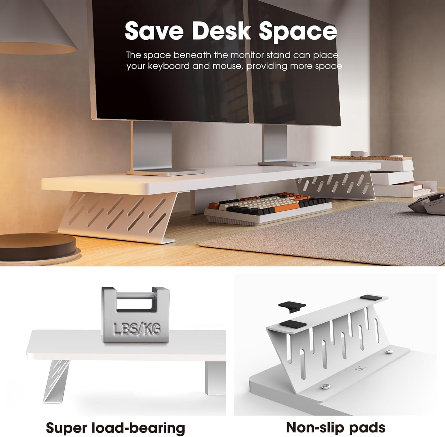 Wood and Steel Dual Monitor Stand Riser for Desktop, Laptop, PC, and Printer
