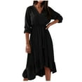 thumbnail image 1 of Vestido de falda con volantes ajustado en la cintura con cordones y temperamento de manga larga de Color sólido con cuello en V de primavera y otoño para mujer Pompotops  hdfakjf6432, 1 of 9