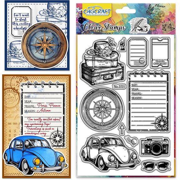 Travel Clear Stamps Vintage Car Transparent Stamps Silicone Sunglass Clear Stamp Seals for Carding Making DIY Scrapbooking Photo Album Decoration 4.3x6.3 inch