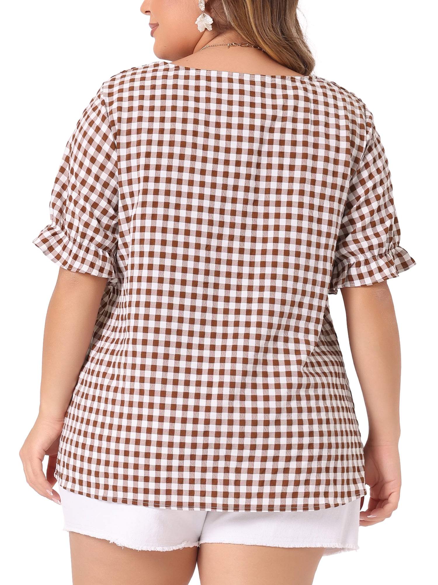 DARING DIVA Women's Plus Size Sweetheart V Neck Puff Short Sleeve Blouse 4X Brown