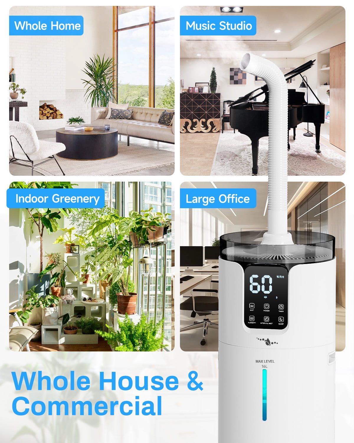 Large Room Humidifier 4.2gal for Home Bedroom, Whole House Top Fill Cool Mist Humidifier with Touch & Remote Control, Lacidoll
