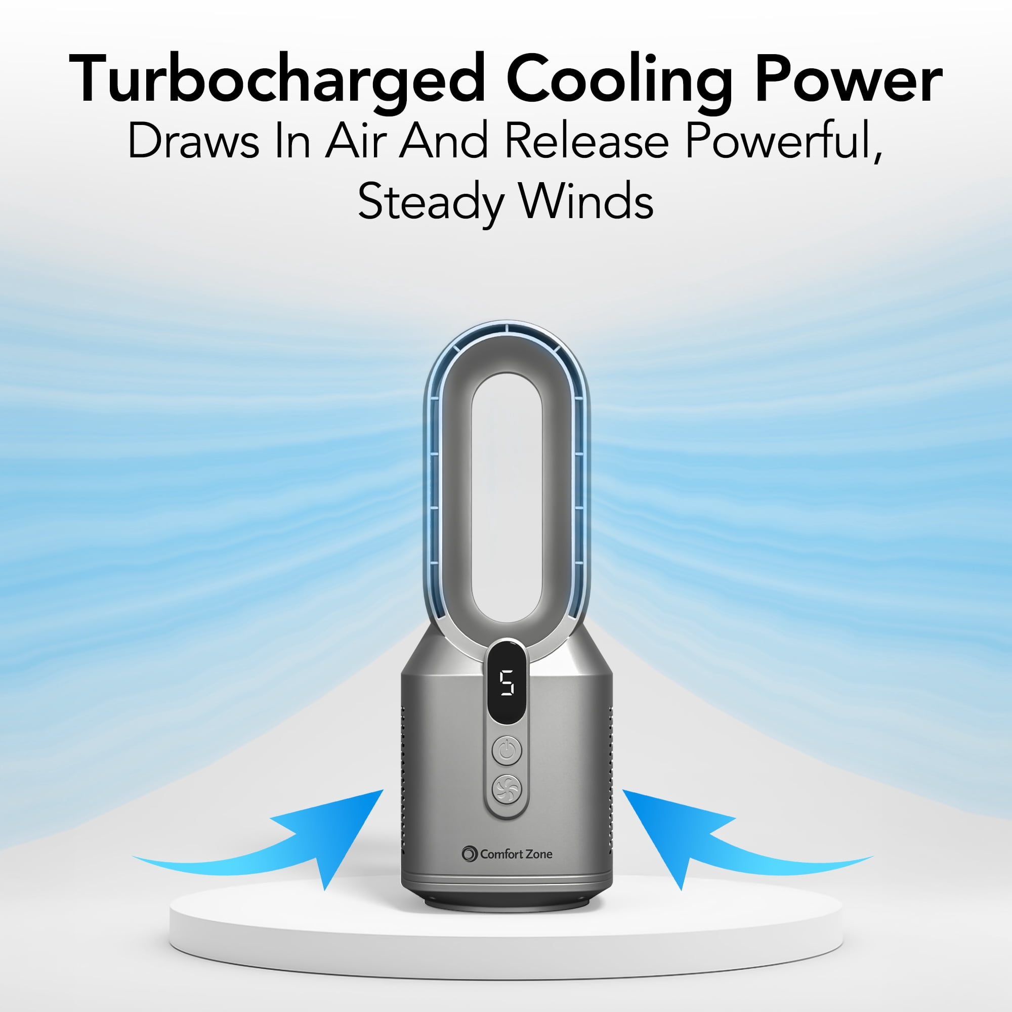 Comfort Zone 14" Rechargeable Bladeless Tabletop Fan, Silver