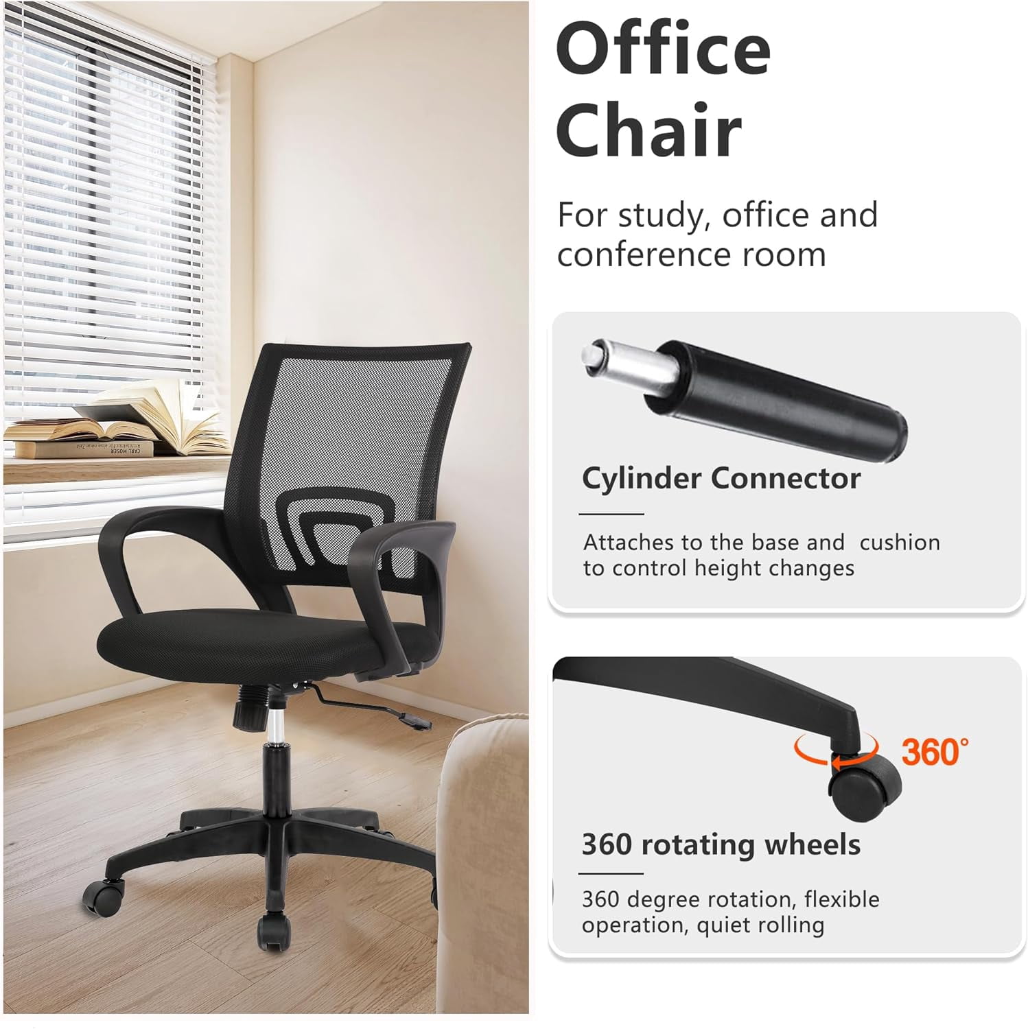 Ergonomic Office Chair Black | Mesh Foam Back with Lumbar Support, Adjustable Height, 360 Swivel, Armrests & High Density Sponge Cushion | Computer Chair For Home, Office | Pack of 2