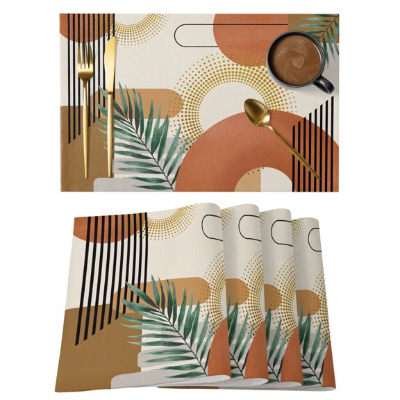Bohemian Texture Placemats Set of 12, Green Leaves Abstract Geometric Red Circle Non-Slip Place Mats Washable Table Mats for Kitchen Dining Table Decorations Indoor/Outdoor