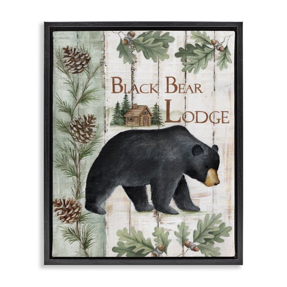 Stupell Industries Farmhouse Black Bear Lodge Rustic Cabin Botanicals Sign Black Floating Frame Canvas Art, 17 x 21, by Emma Leach