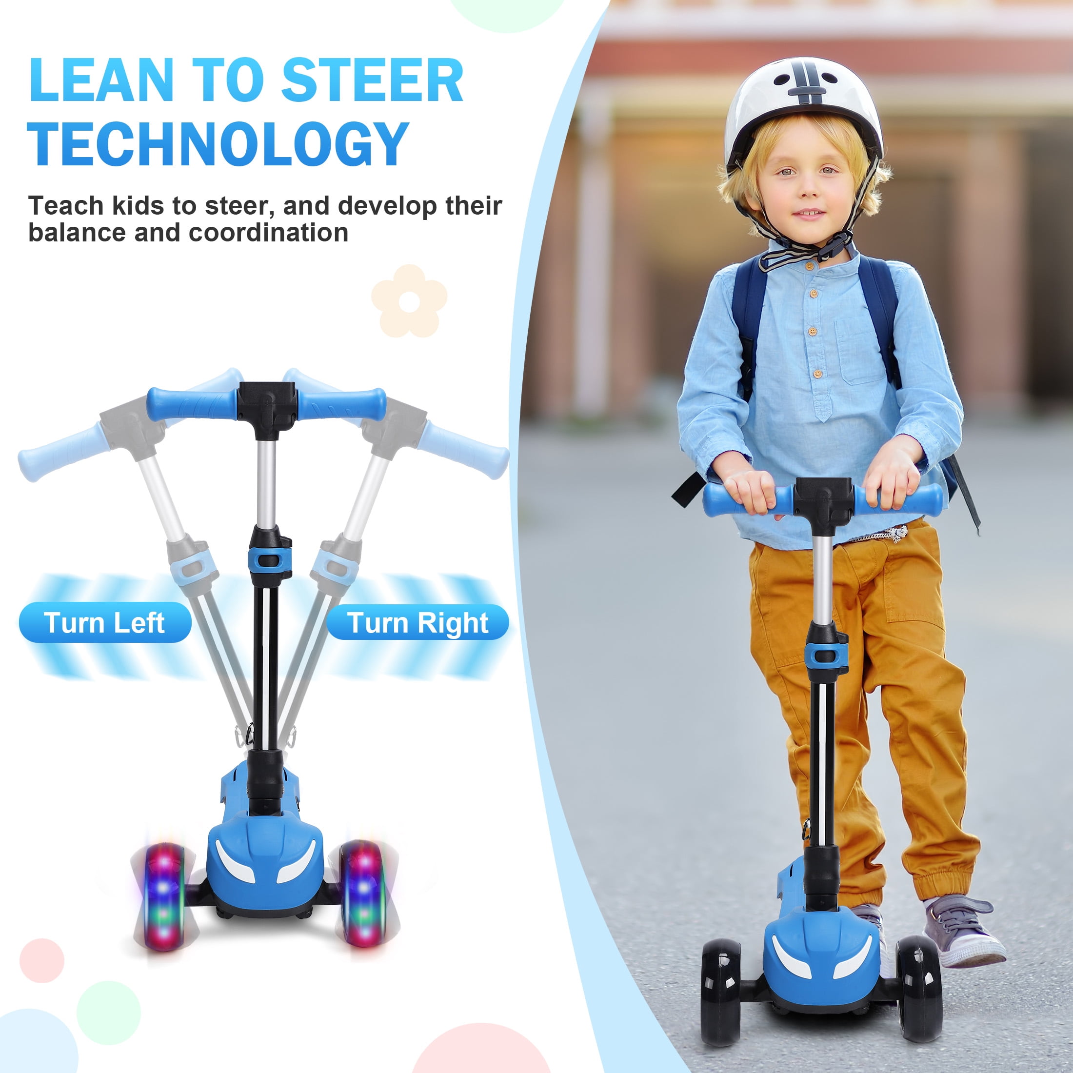 Skyhot Electric Scooter for Kids w/LCD Screen, 21V Battery & Powerful Motor, Premium Front Light and Wheel Lights/3 Adjustable Heights Scooter for Kid 4-8 Years, Thumb Throttle, Blue