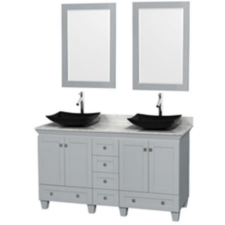 Black Galaxy Granite Countertops - 60 in. Double Bathroom Vanity In Oyster Gray, White Carrera Marble Countertop, Arista Black Granite Sinks With 24 in. Mirrors