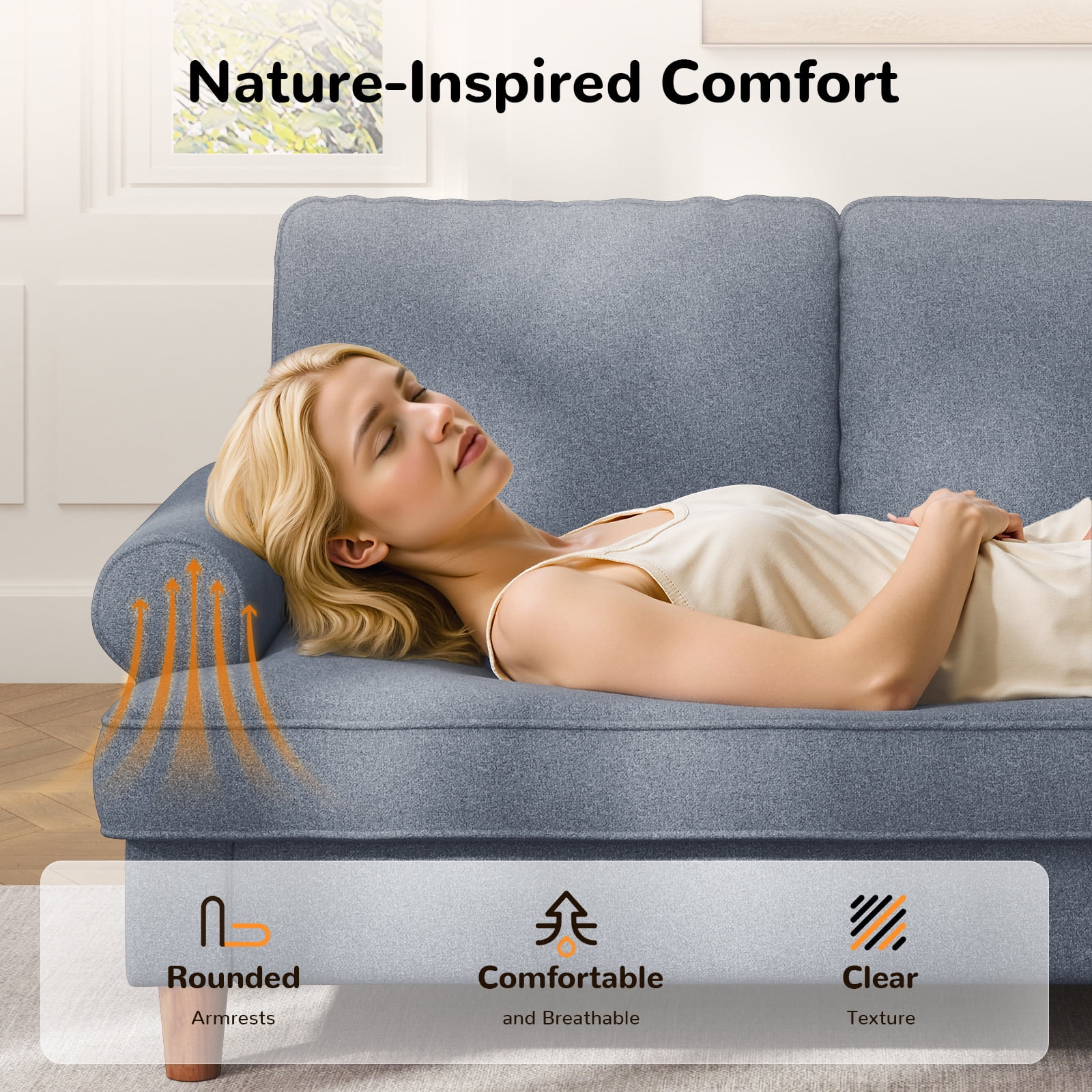 Patbrela 87" Sofa Couch, Comfy Extra Deep Seat 3 Seater Couch for Living Room with Soft Upholstered Round Arms, Free 2 Pillows, Gray