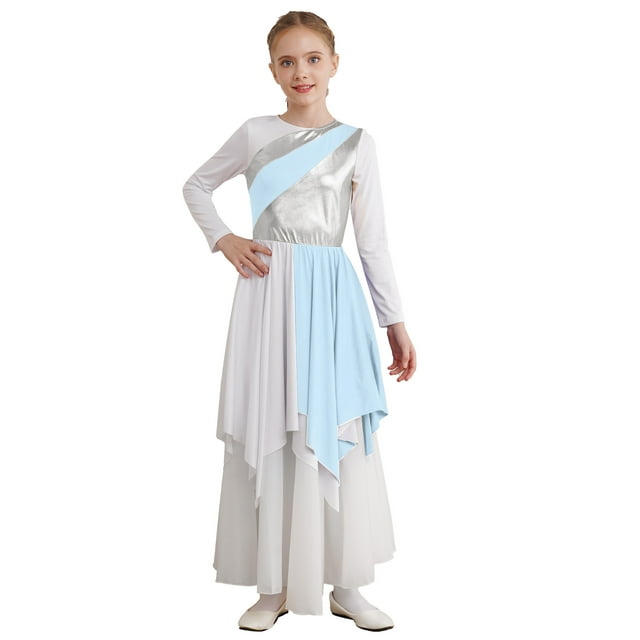 TiaoBug Robe Tunique Asymétrique de Danse pour Filles Robe Sans Manches à Blocs de Couleur Métallique Bleu Clair 6