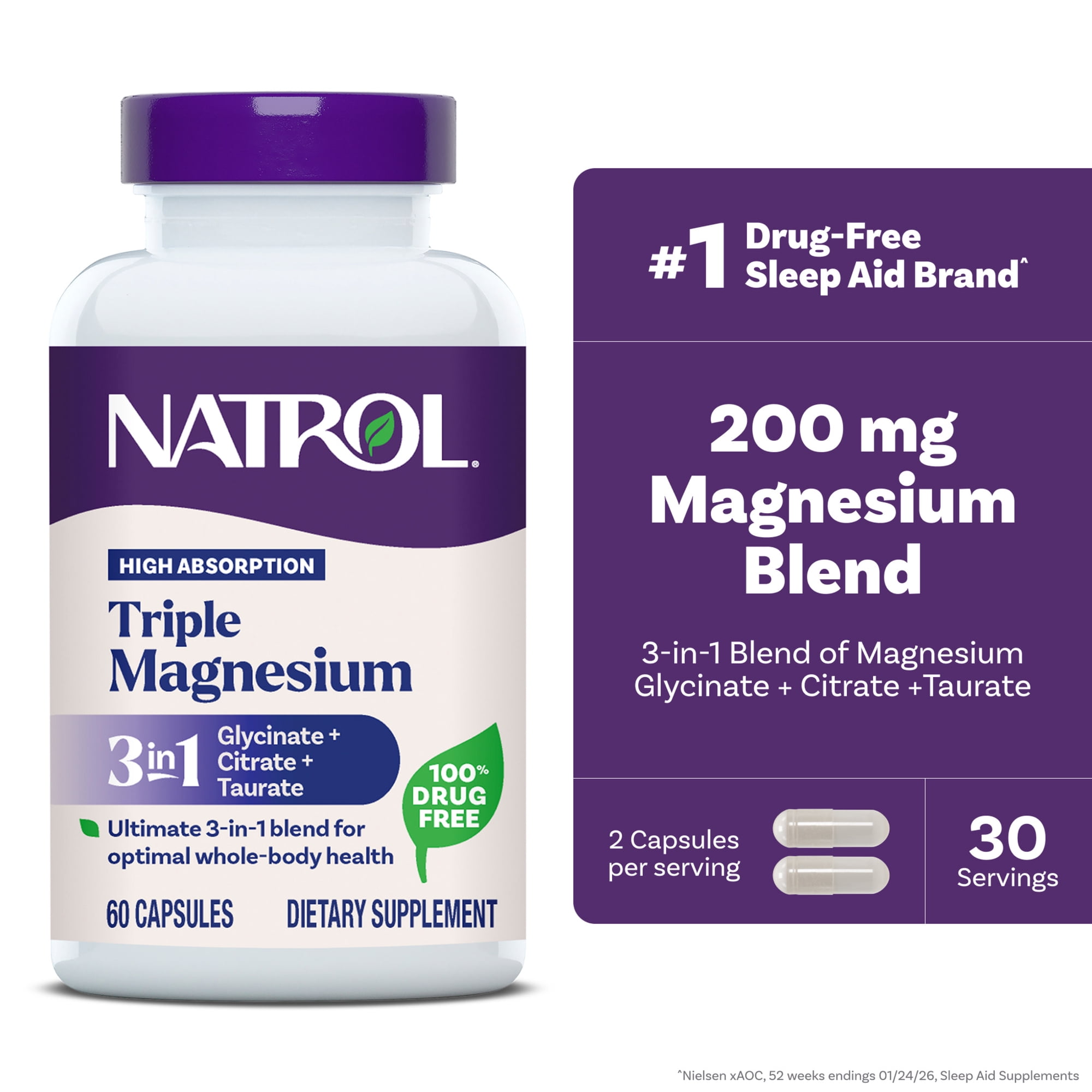 Natrol High Absorption Triple Magnesium, Glycinate&Citrate&Taurate, 60 Caps