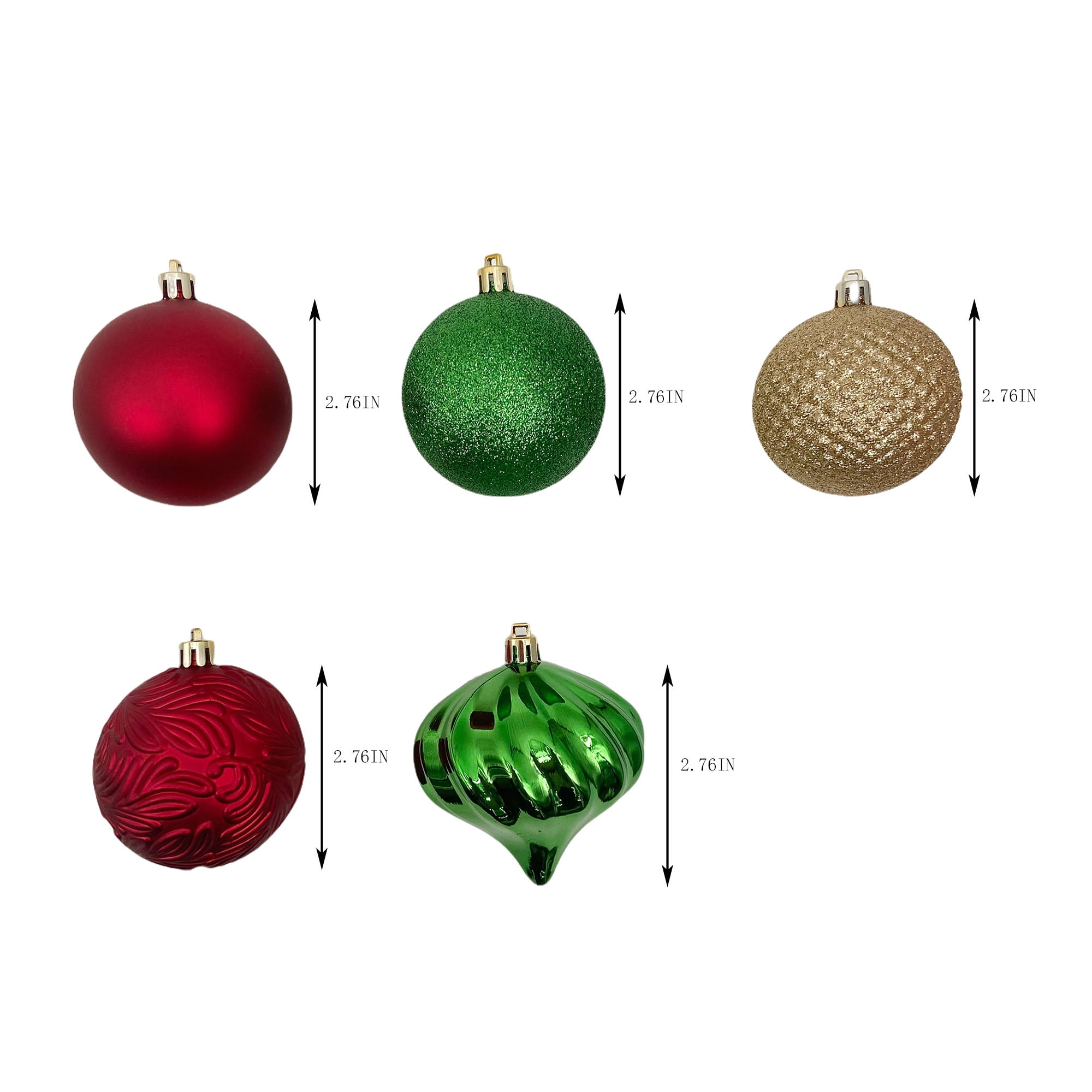 Holiday Time 45-Count Shatterproof Ornaments-Red/Gold/Green, Measures 2.76" in diameter