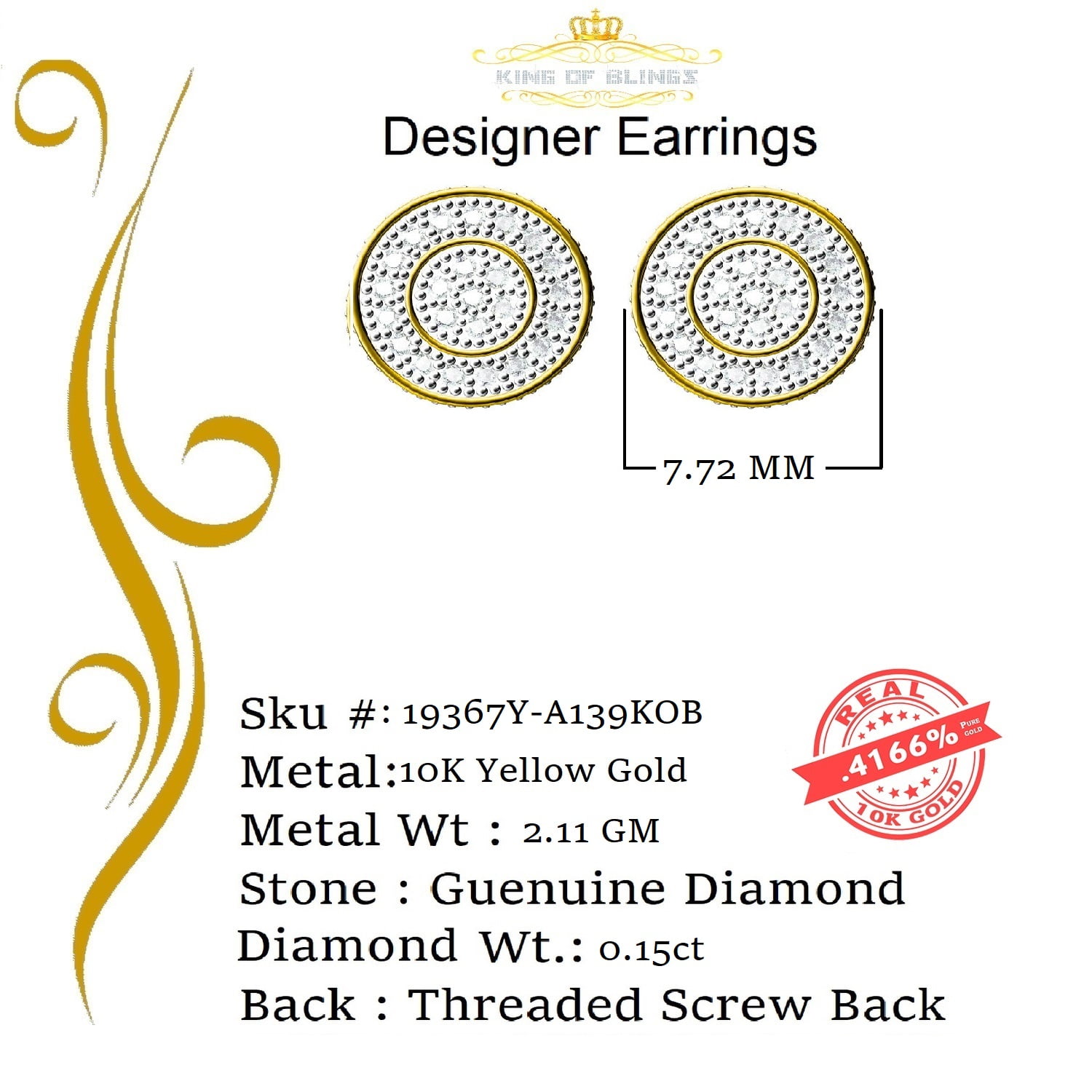 King of Bling's 10K Real Yellow Gold Real Diamond 0.15CT Men's/Women's Round Stud Micro Earring