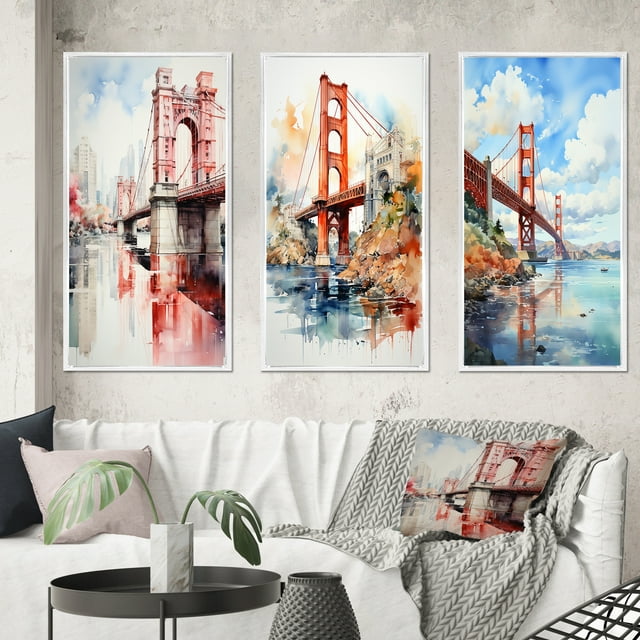 Designart "Architectural Marvel Red Bridge II" Paysages Urbains Art Mural Encadré Ensemble de 3 - Cadre de Ponts Rouges en Toile pour Décoration de Salon