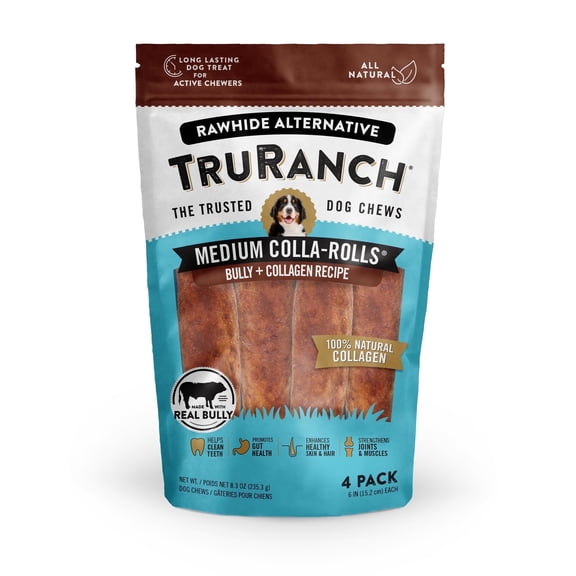 TRURANCH Collagen Rolls - 6" Collagen Rolls for Dogs - Long Lasting Healthy Joint Support Dog Treat - Rawhide Alternative - Skin & Coat Health - Made with Real Bully, 1 Bag, 4 Count