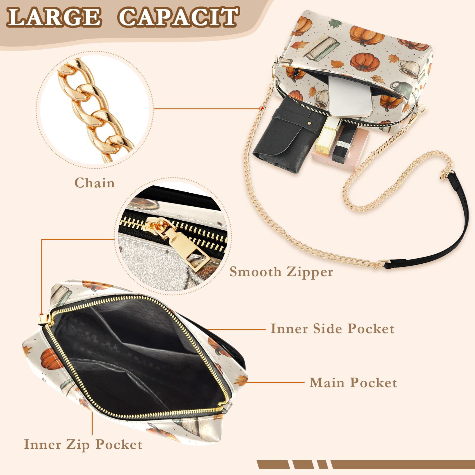FORMRS Women Crossbody Purse with Chain Strap Vegan Leather Shoulder Handbag, Beige Fall Coffee