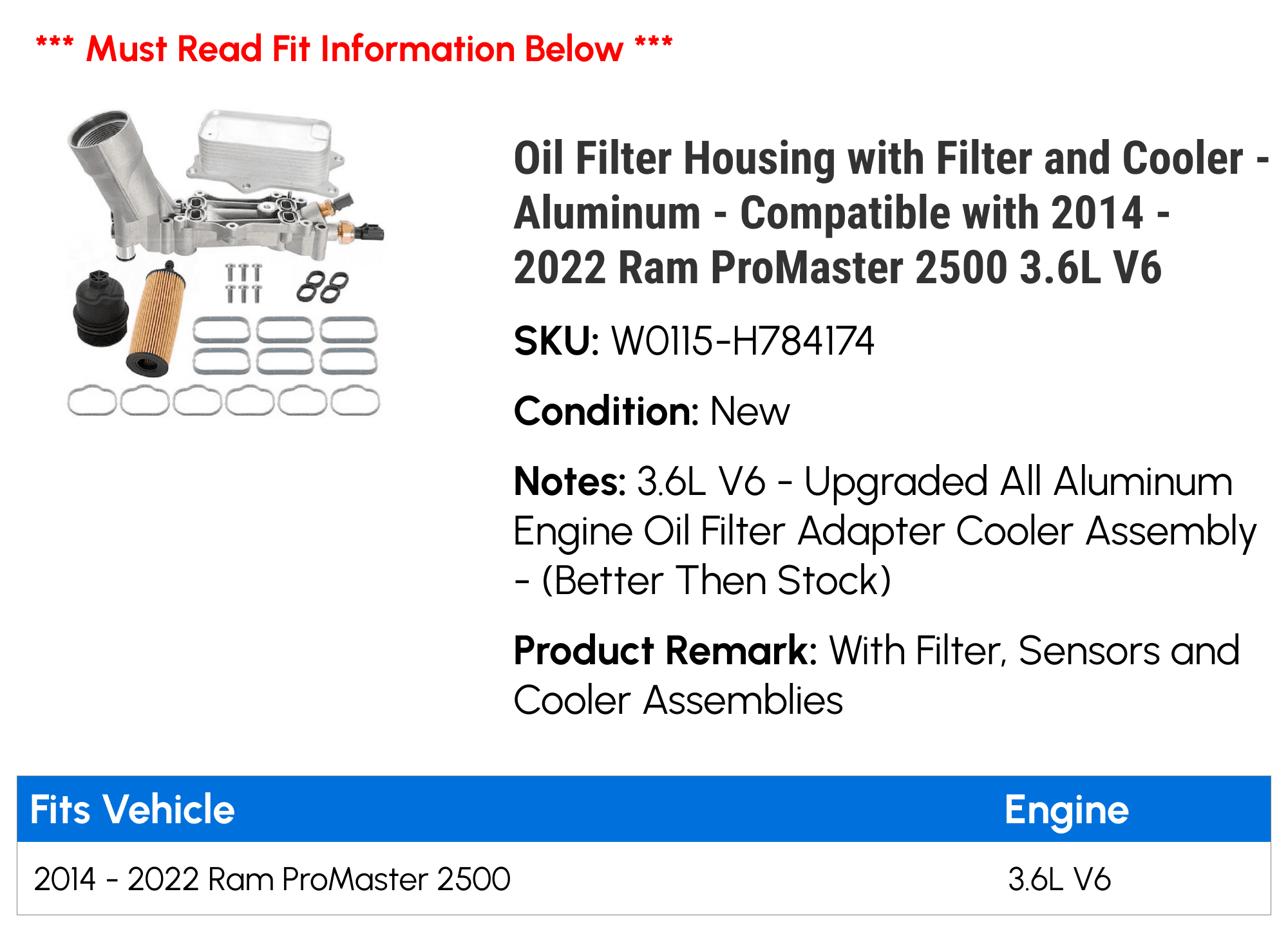 Oil Filter Housing with Filter and Cooler - Aluminum - Compatible with 2014 - 2022 Ram ProMaster 2500 3.6L V6 2015 2016 2017 2018 2019 2020 2021