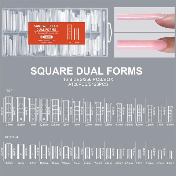 Sandwich Nails Dual Forms - 256Pcs Long Nail Mold for Quick Nails Extension, more Sizes Plastic Form, Salon Nail Art Tools