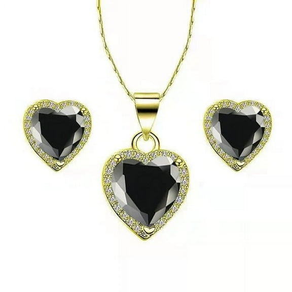 Bonjour Jewelers 18k Yellow Gold Plated Heart 4 Carat Created Black Sapphire Full Set Necklace, Earrings 18 Inch