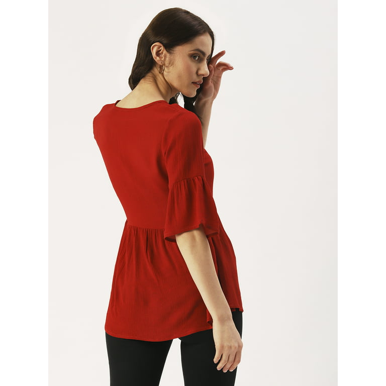 DressBerry Women's Solid Rayon Crepe Top V Neck Elbow Sleeves
