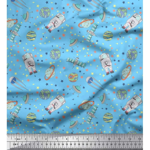 Soimoi Blue Viscose Chiffon Fabric Astronaut & Planet Galaxy Decor Fabric Printed Yard 42 Inch Wide