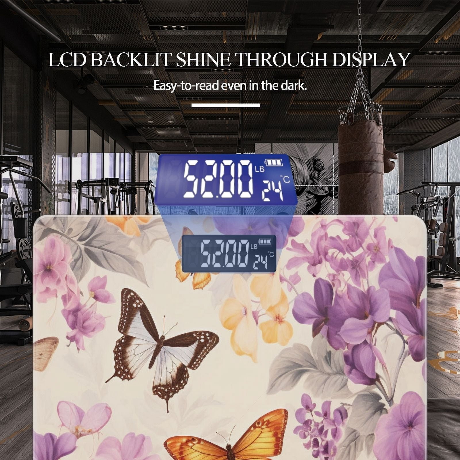 Bathroom Scale, Highly Accurate Digital Body Scale,Precisely Measures Weight up to 400 lbs-Fashion Purple Flowers And Yellow Butterflies Painting