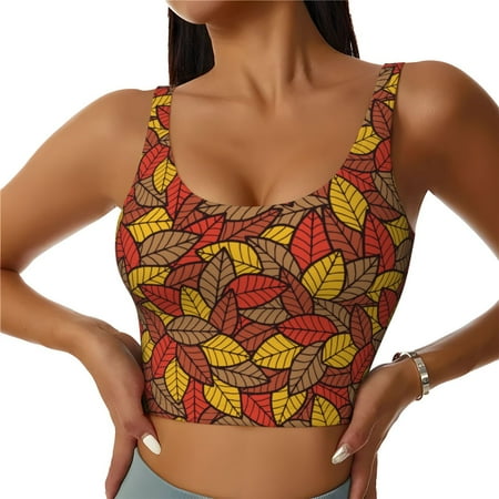 Jgfou Fall Leaves Print Womens Sports Bra - Padded Workout Sports Bras Crop Tank Top