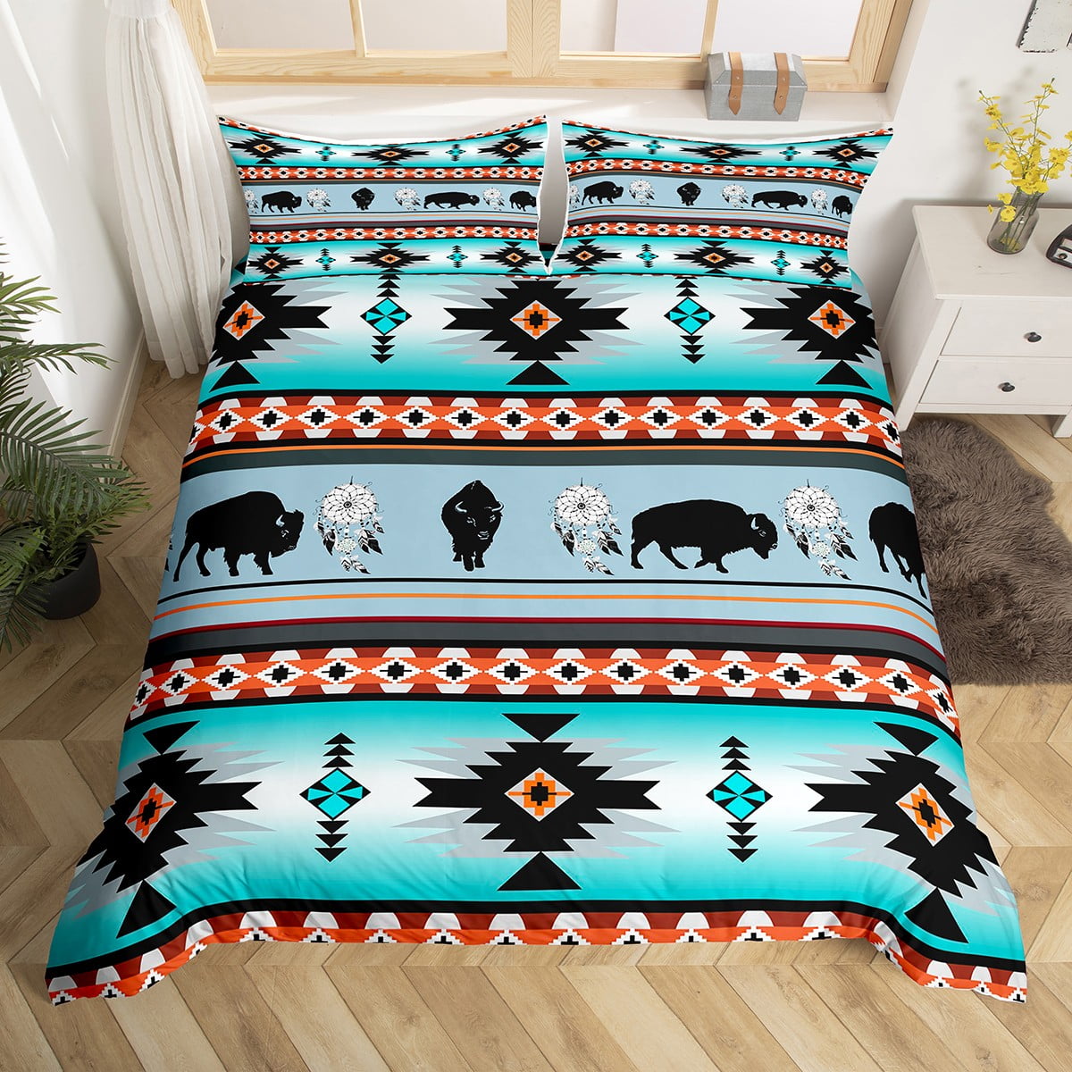 Aztec Bedding Set Queen,Highland Cow Comforter Cover Cowgirl Cowboy