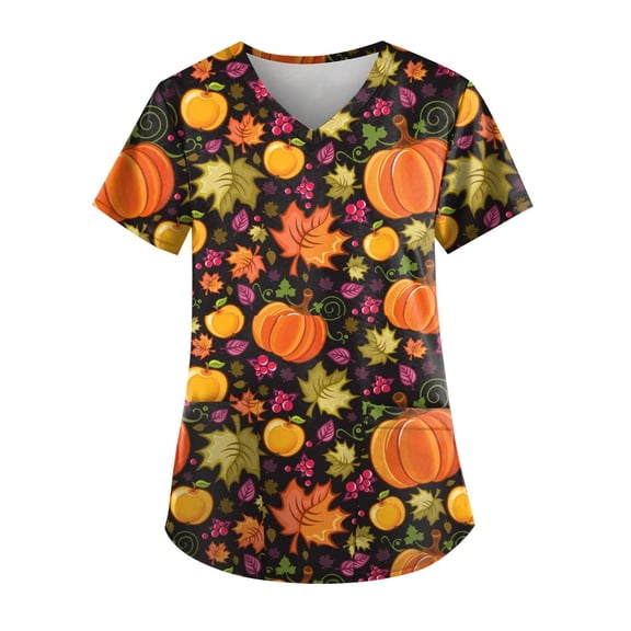 Women Jack O Lantern Pumpkin Halloween Scrub Tops V Neck Short Sleeve Medical Uniform With Double Side Pockets