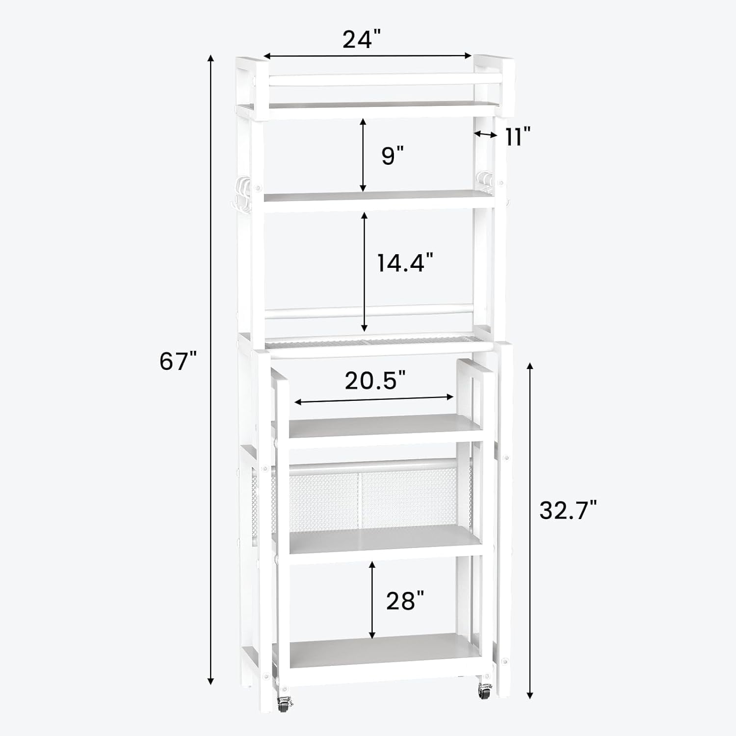 LinkRomat 6-Tier Farmhouse Bathroom Shelf, Over Toilet Organizer with Rolling Cart & 6 Hooks, Space Saving Storage Rack for Bathroom, White