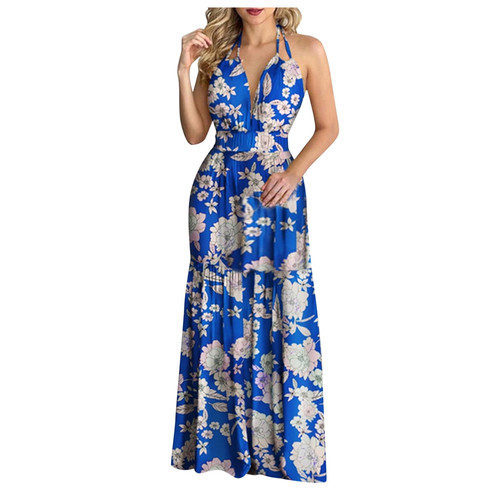 YODETEY Summer Dresses Women Tropical Print Halter Backless Maxi Dress ...