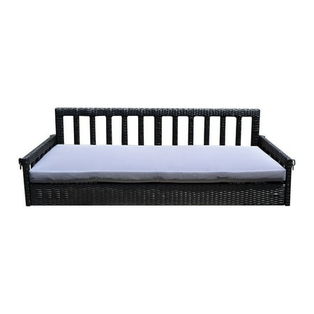Round Wicker Porch Swing Bed S11 Black 78'' Patio Porch Swing Bed Chair Resin Wicker Tree Ceiling Hanger Hanging W/Chains ()