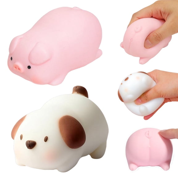 2 Pieces Piggy & Puppy Squishy Stress Toys, Slow Rise PU & Silicone Fidget for Kids & Adults, Anti-Stress Hand Toys, White Elephant Gifts
