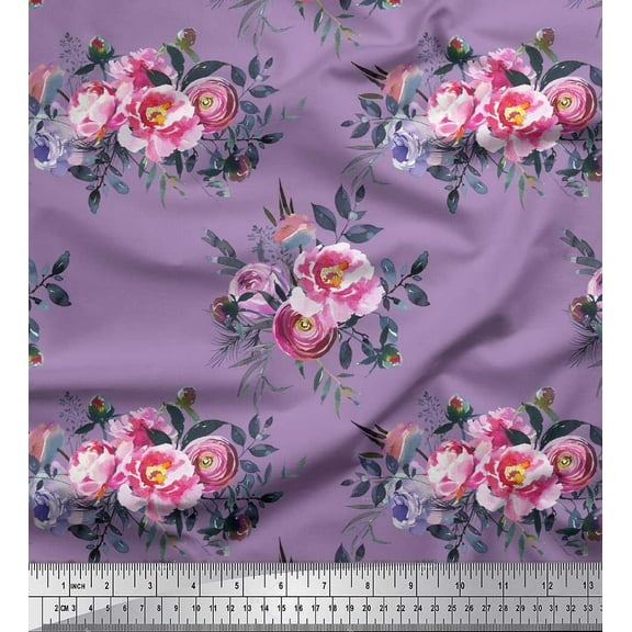Soimoi Purple Poly Georgette Fabric Leaves & Pink Floral Print Fabric by Yard 42 Inch Wide
