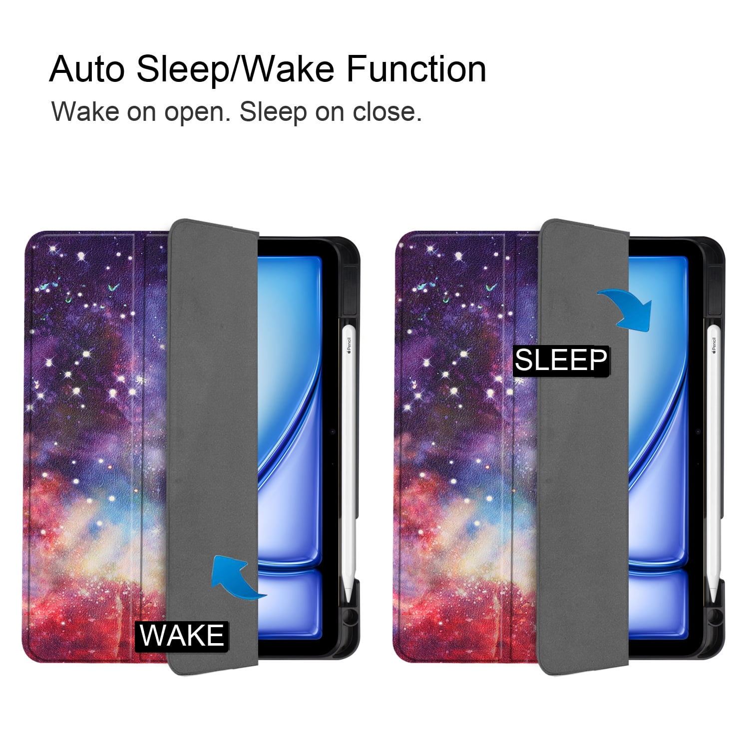 SaniMore for Apple iPad Air 11 (2024) Case, Auto Sleep/Wake, PU Leather Case with Tri-Fold Kickstand & Pencil Holder Shockproof Protective Cover for Women Men, Galaxy
