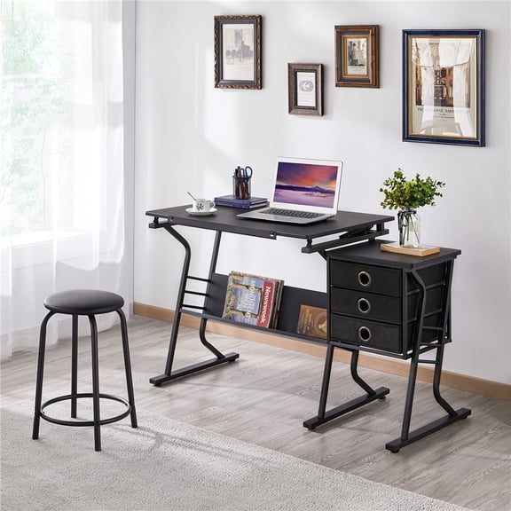 Yaheetech Powder-Coated Steel Adjustable Height Drafting Table with Side Countertop, Black